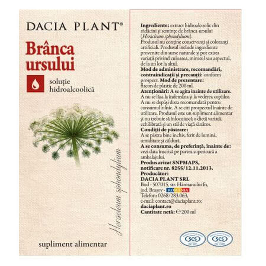 Tinctură de Brânca Ursului, 200 ml, Dacia Plant