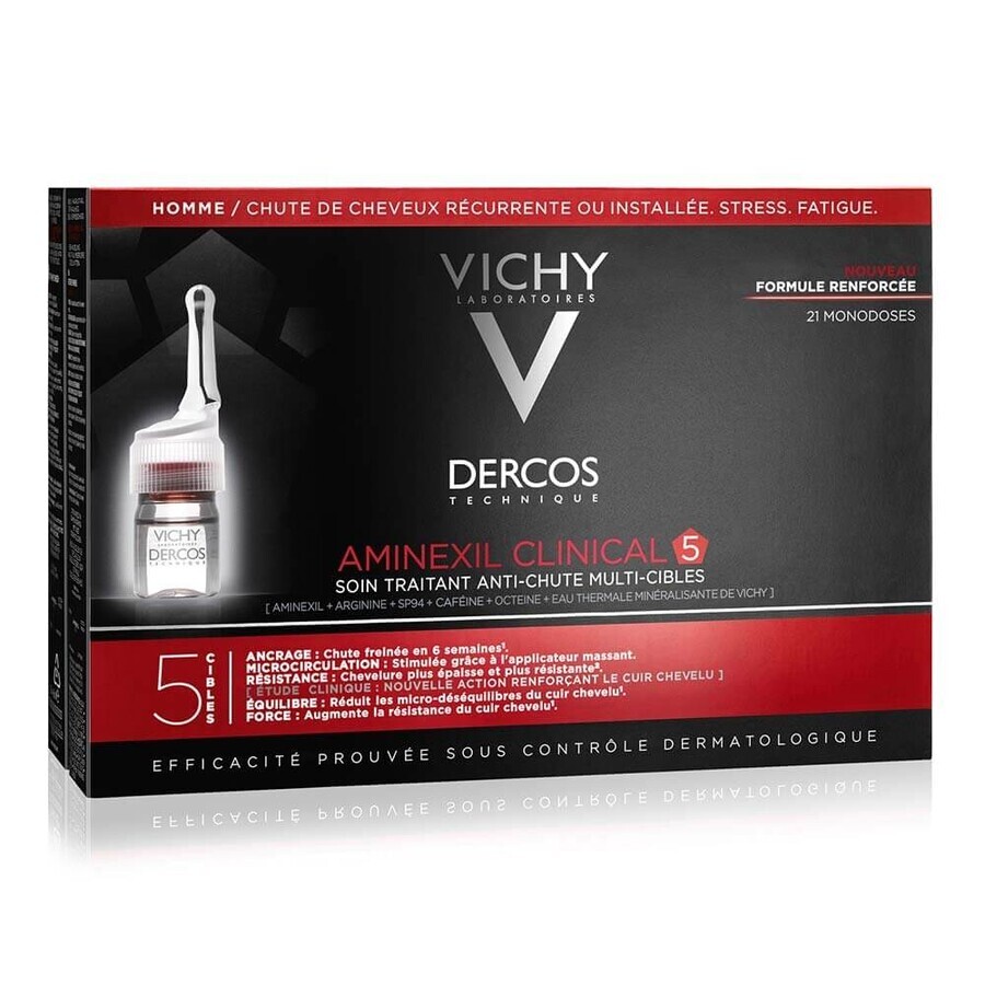 Vichy Aminexil tratamiento anticaída para hombres Dercos Clinical 5, 21 viales x 6 ml