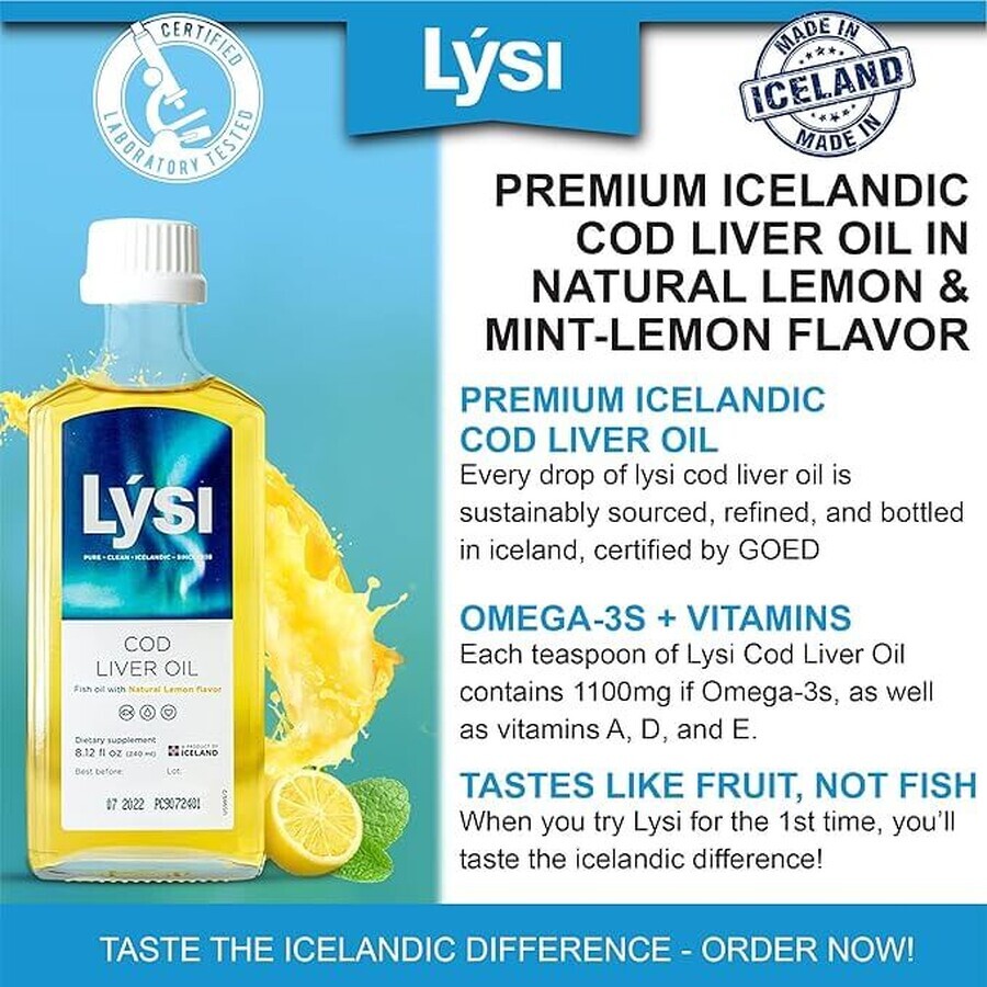 Cod liver oil with lemon flavour, 240 ml, Lysi