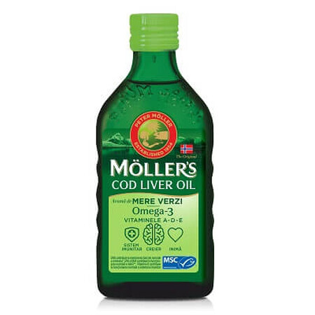 Aceite de hígado de bacalao Omega 3, Vitamina A-D-E, sabor manzana verde, 250 ml, Moller's