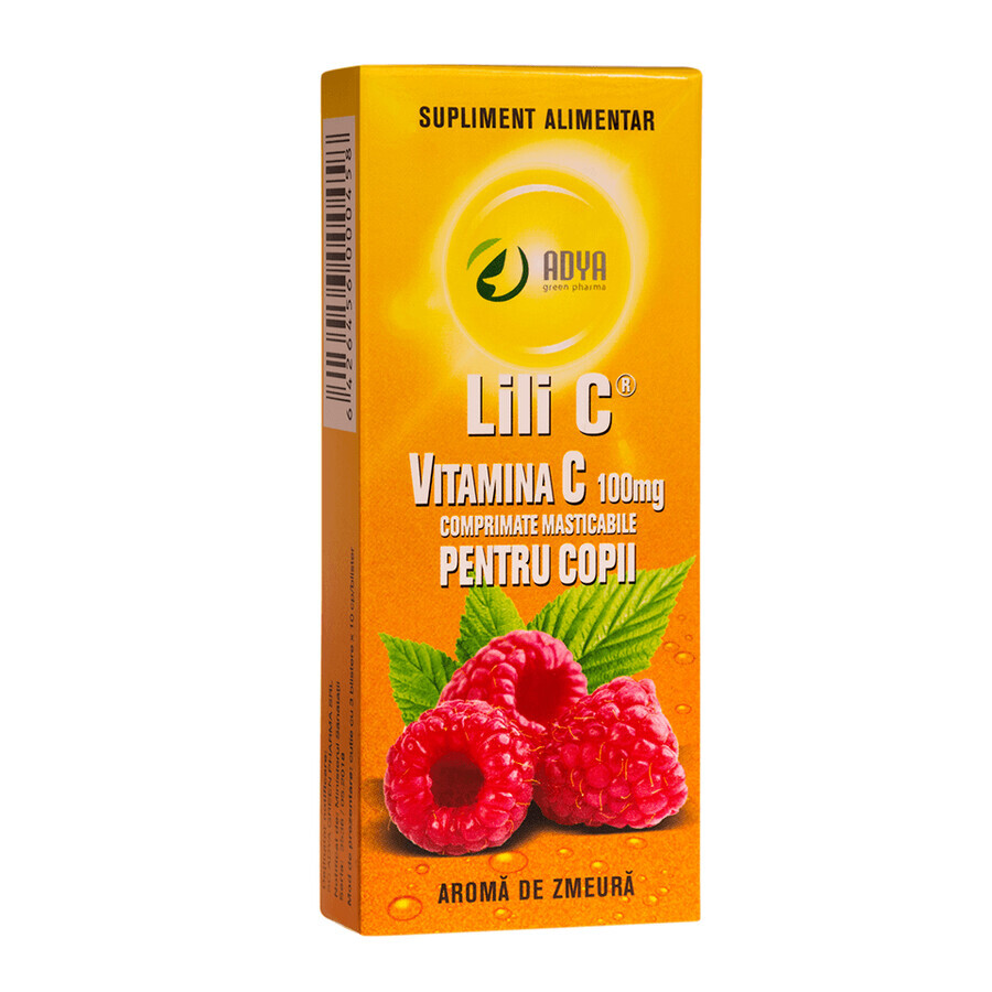 Vitamina C 100 mg con sabor a frambuesa para niños, 30 comprimidos, Adya