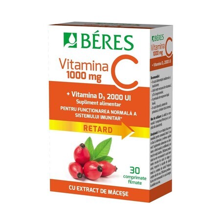 Vitamina C 1000 mg comprimido recubierto RETARD + Vitamina D3 2000 UI, 30 comprimidos, Beres