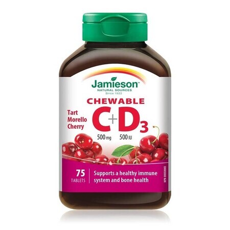 Vitamina C 500 mg + Vitamina D3 500 IU con sabor a cereza, 75 comprimidos masticables, Jamieson