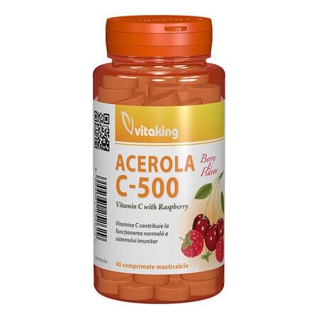 Vitamina C 500 mg con acerola y sabor frambuesa, 40 comprimidos masticables, Vitaking