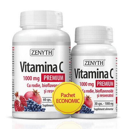 Vitamina C Premium con granada, bioflavonoides y resveratrol 1000 mg, 60+30 cápsulas, Zenyth