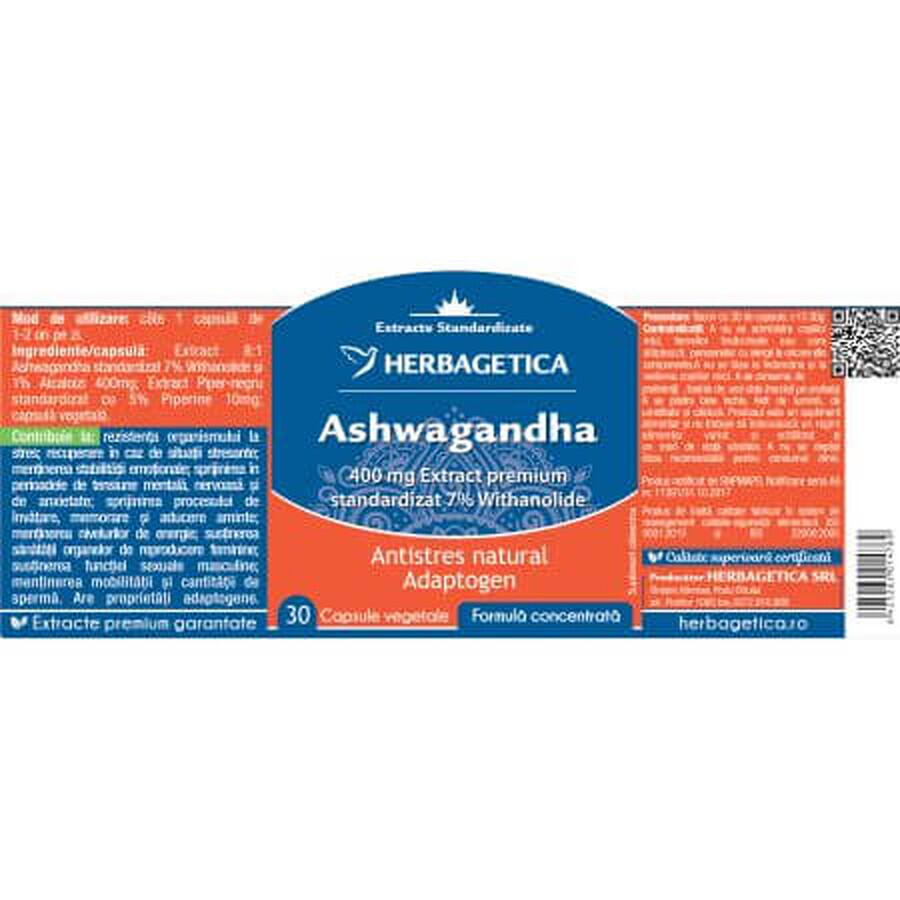 Ashwagandha, 30 Kapseln, Herbagetica