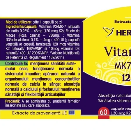 Natürliches Vitamin K2 MK7 120 mcg, 60 Kapseln, Herbagetica