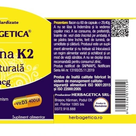 Natürliches Vitamin K2 MK7 120 mcg, 60 Kapseln, Herbagetica