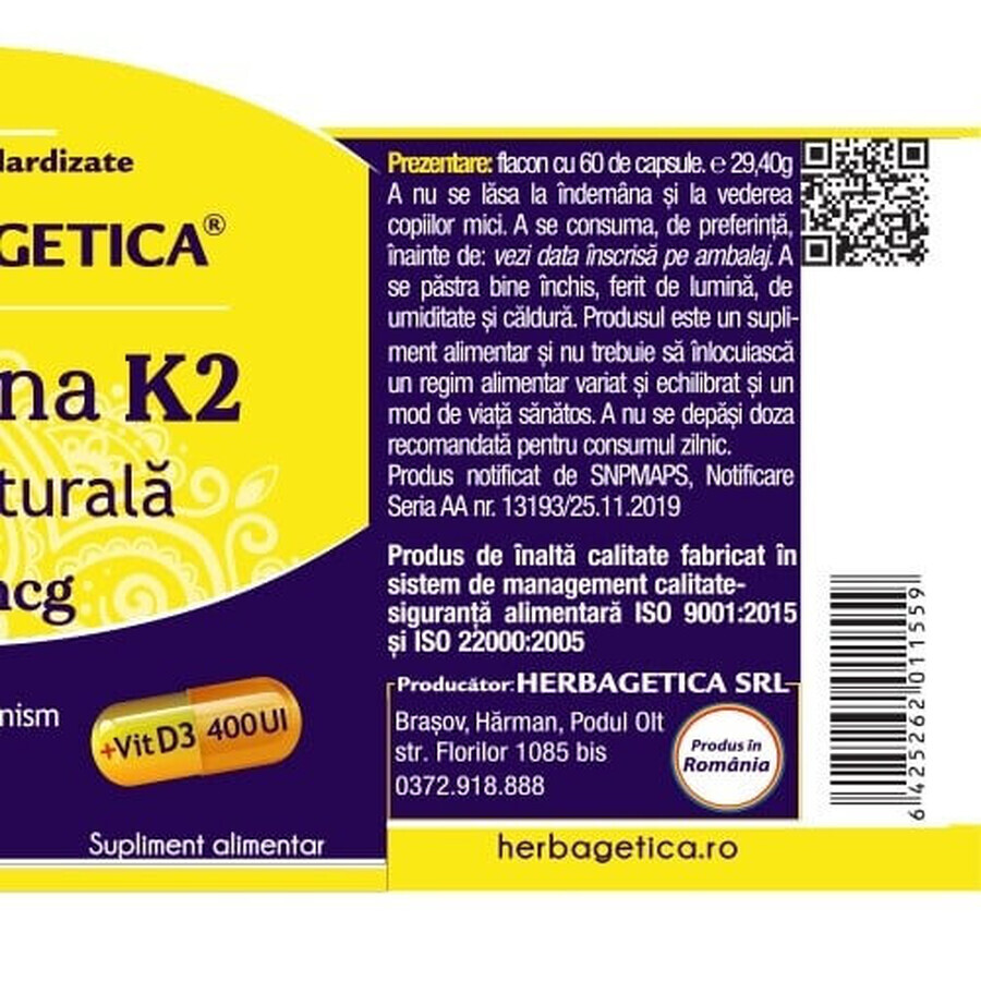 Vitamina natural K2 MK7 120mcg, 60 cápsulas, Herbagetica