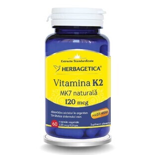 Vitamina natural K2 MK7 120mcg, 60 cápsulas, Herbagetica