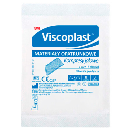 Viscoplast, gasas estériles, 17 hilos, 8 capas, 7,5 cm x 7,5 cm, 3 piezas