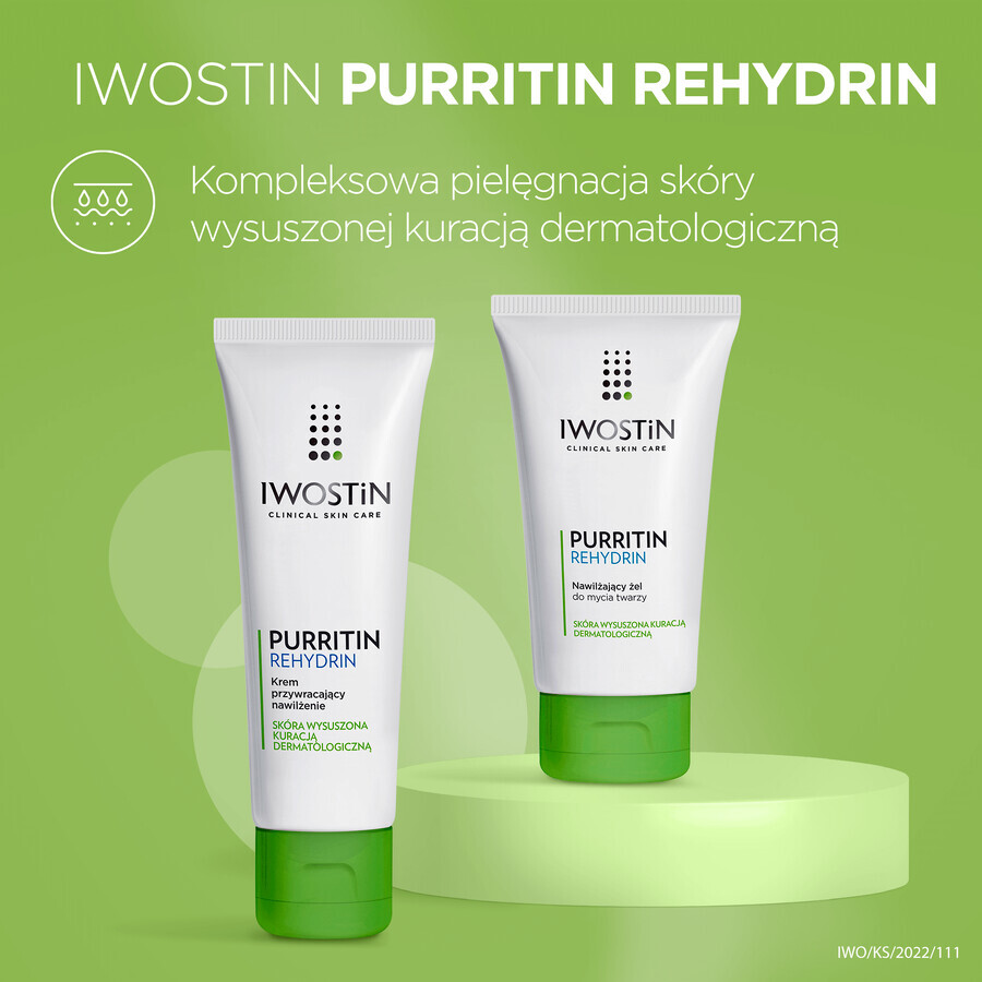 Iwostin Purritin Rehydrin, crema hidratante restauradora, pieles desecadas por tratamientos dermatológicos, 40 ml