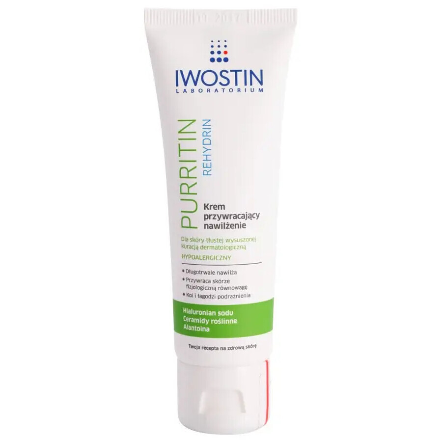 Iwostin Purritin Rehydrin, crema hidratante restauradora, pieles desecadas por tratamientos dermatológicos, 40 ml