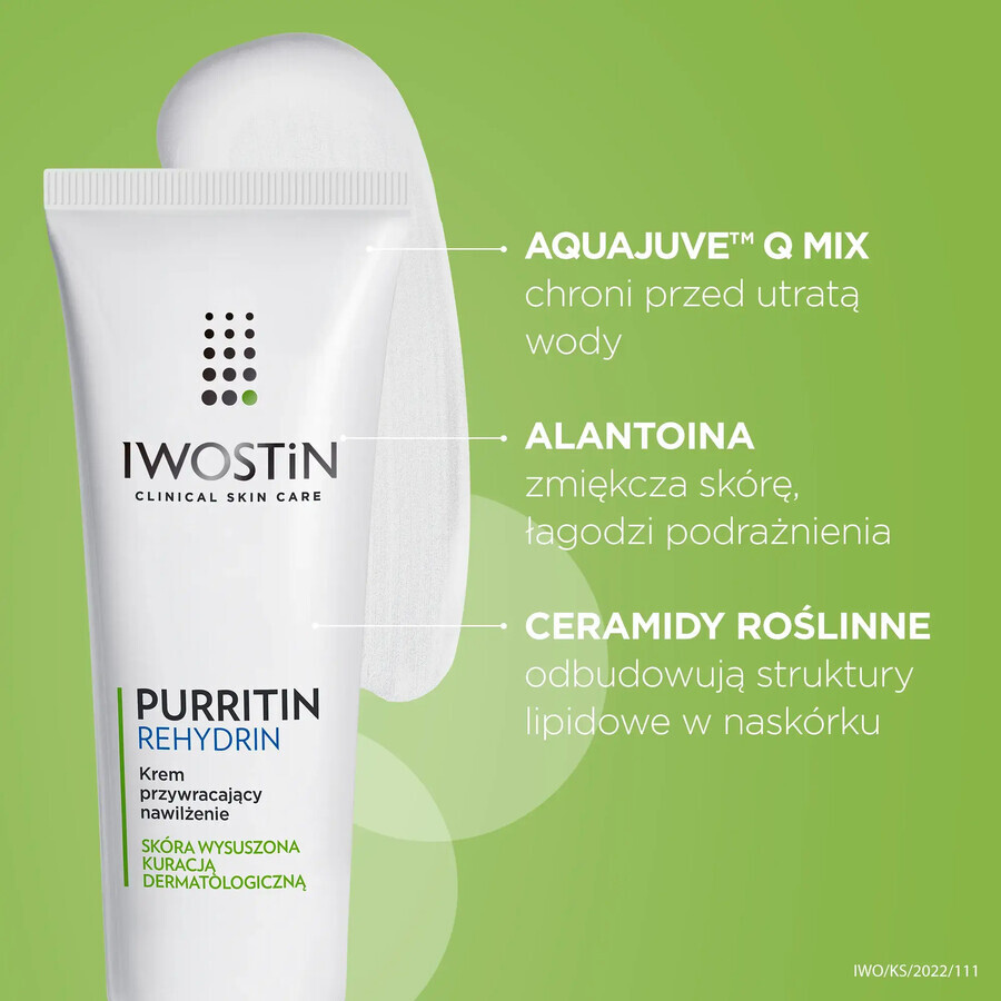 Iwostin Purritin Rehydrin, crema hidratante restauradora, pieles desecadas por tratamientos dermatológicos, 40 ml