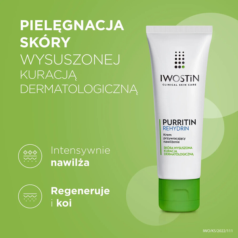 Iwostin Purritin Rehydrin, crema hidratante restauradora, pieles desecadas por tratamientos dermatológicos, 40 ml