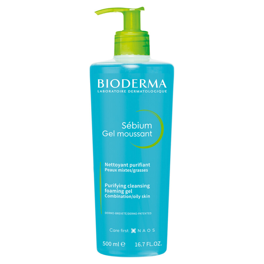 Bioderma Sebium Gel Moussant, gel nettoyant visage antibactérien, peaux mixtes et acnéiques, 500 ml