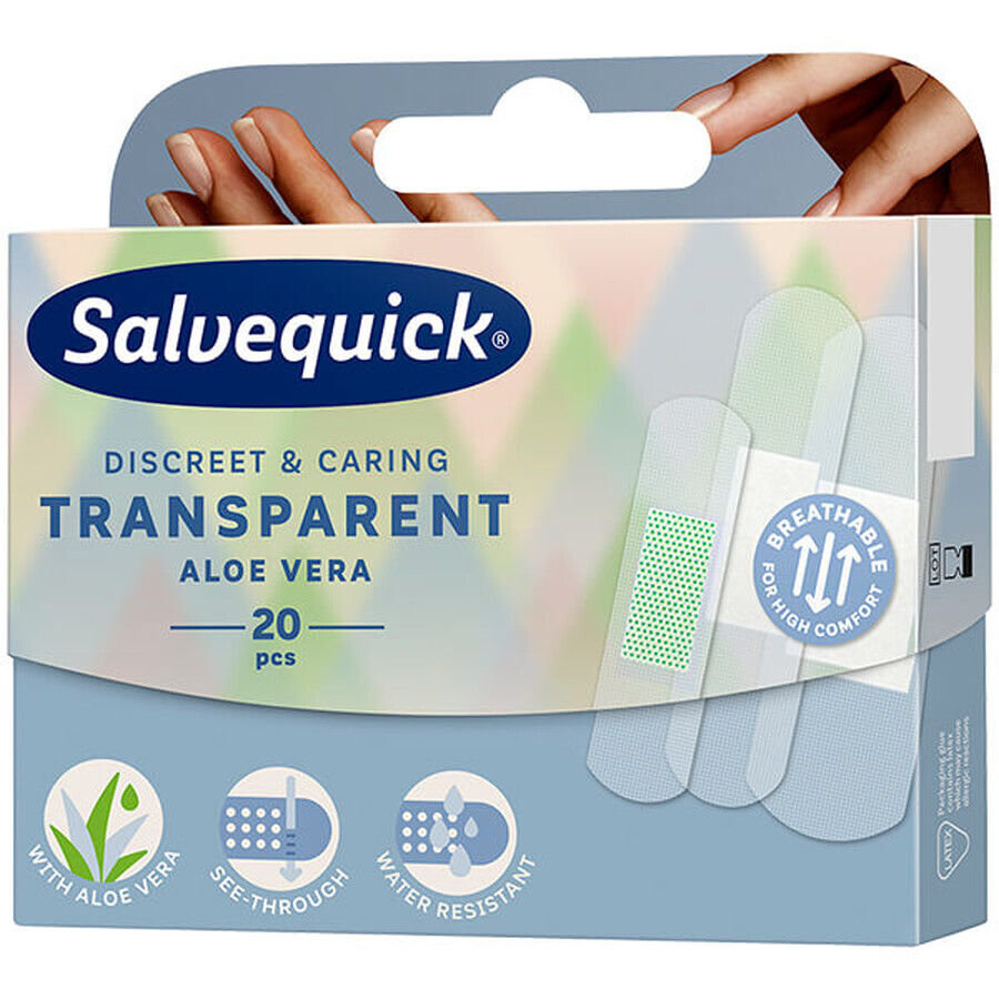 Salvequick Transparent Aloe Vera, apósito transparente, impermeable, con aloe vera, 20 unidades