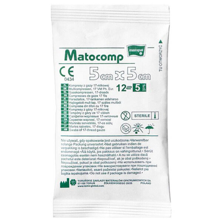 Matopat Matocomp, compresas de gasa estériles, 17 hilos, 12 capas, 5 cm x 5 cm, 5 piezas