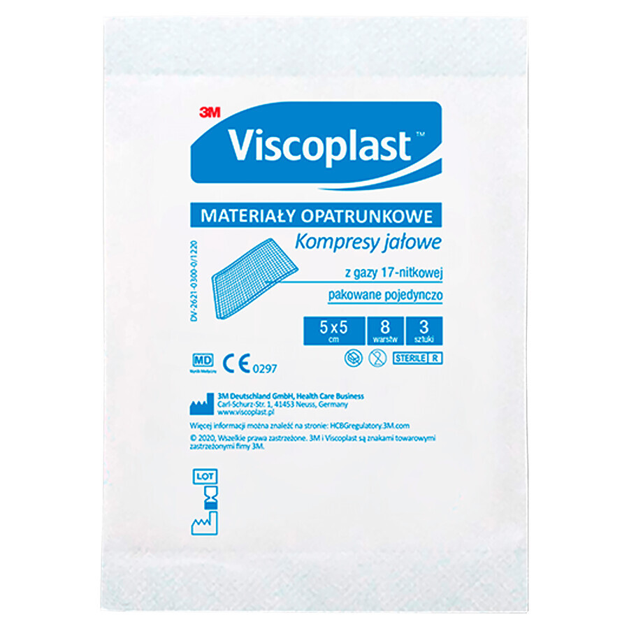 Viscoplast, gasas estériles, 17 hilos, 8 capas, 5 cm x 5 cm, 3 unidades