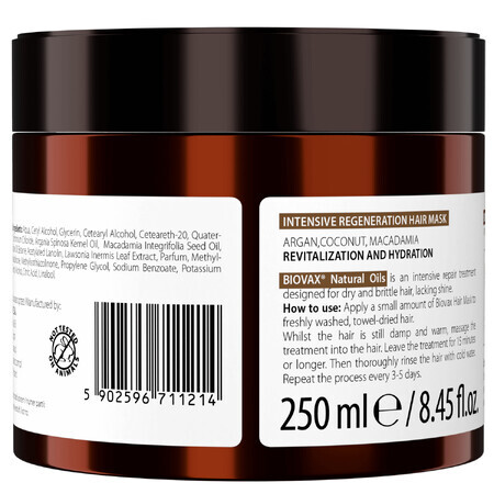 Biovax, mascarilla capilar regeneradora intensiva, argán, coco y macadamia, 250 ml