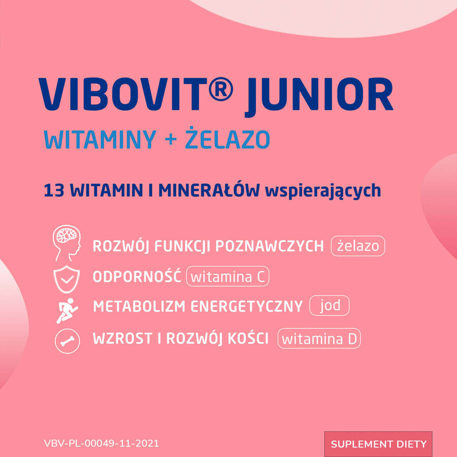 Vibovit Junior Vitamines et fer, pour les enfants de plus de 4 ans, saveur fruits des bois, 30 comprimés