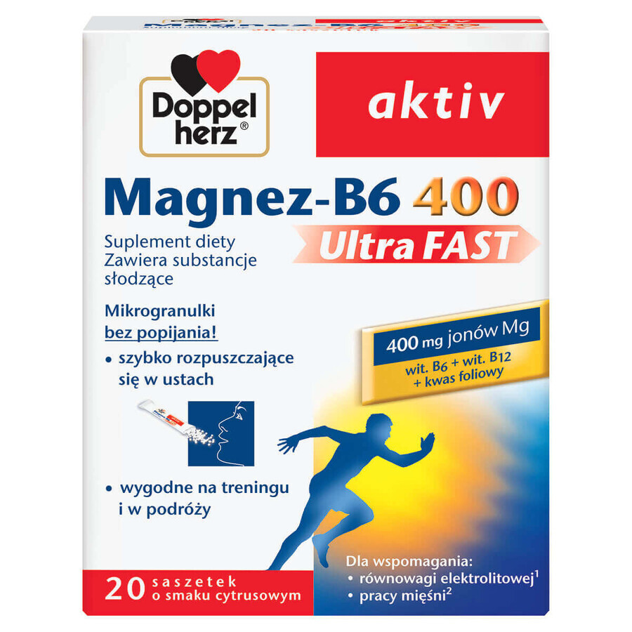 Doppelherz aktiv Magnesio-B6 400 UltraFast, sabor cítrico, 20 sobres