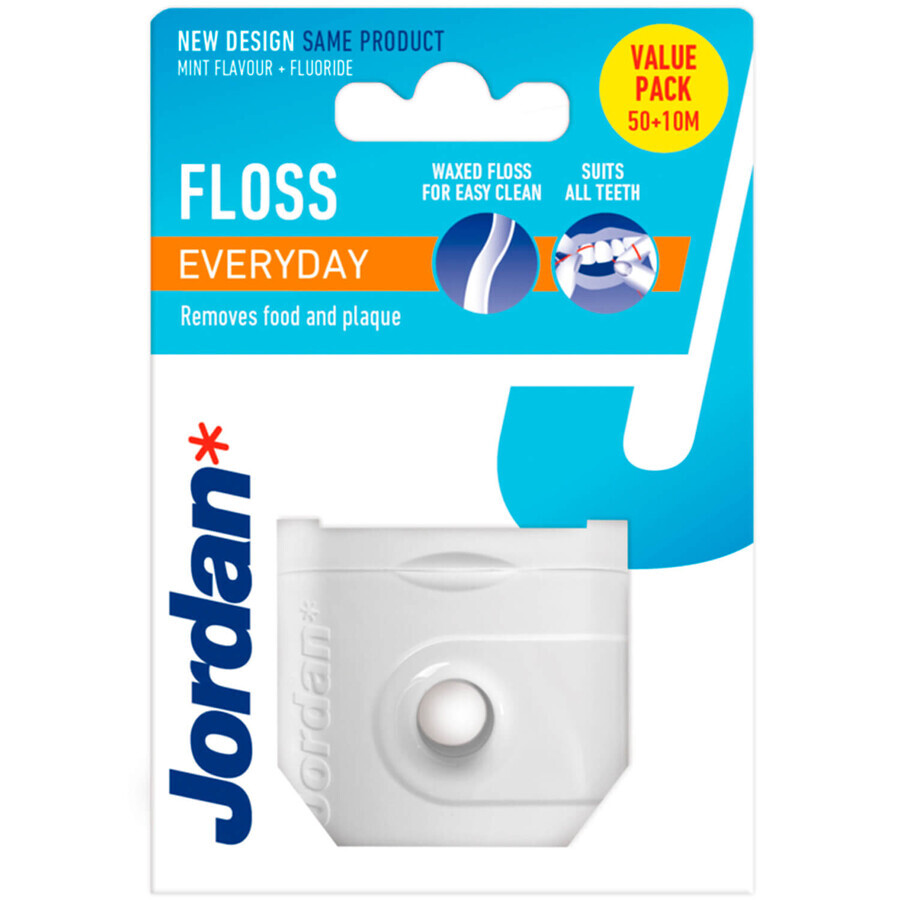 Jordan Everyday Floss, hilo dental, encerado, menta, 50+10 m