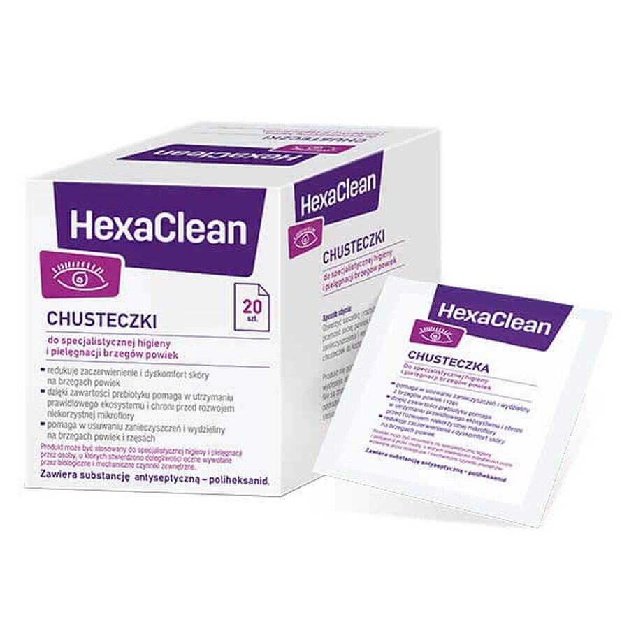 HexaClean, toallitas para la higiene especializada y el cuidado de los márgenes de los párpados, 20 unidades