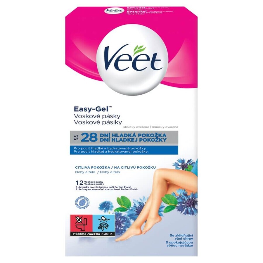 Veet Easy-Gel, parches de cera corporal para depilación, piel sensible, aceite de almendras dulces, 12 unidades