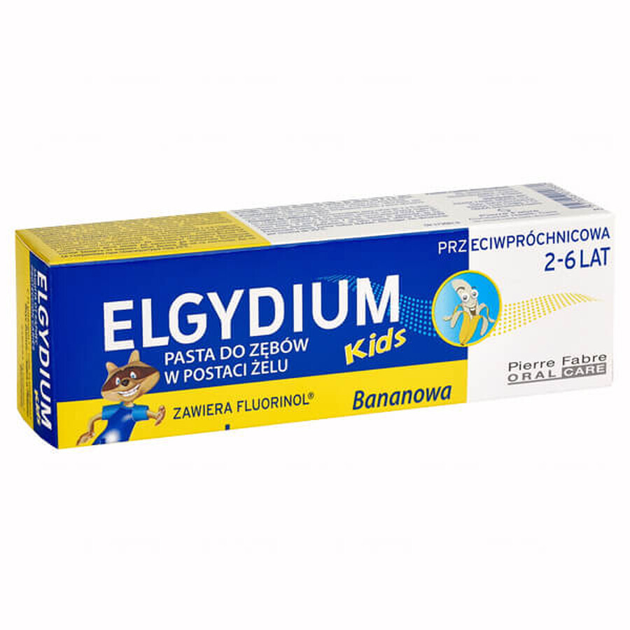 Elgydium Kids, pasta dentífrica anticaries para niños de 2 a 6 años, plátano, 50 ml