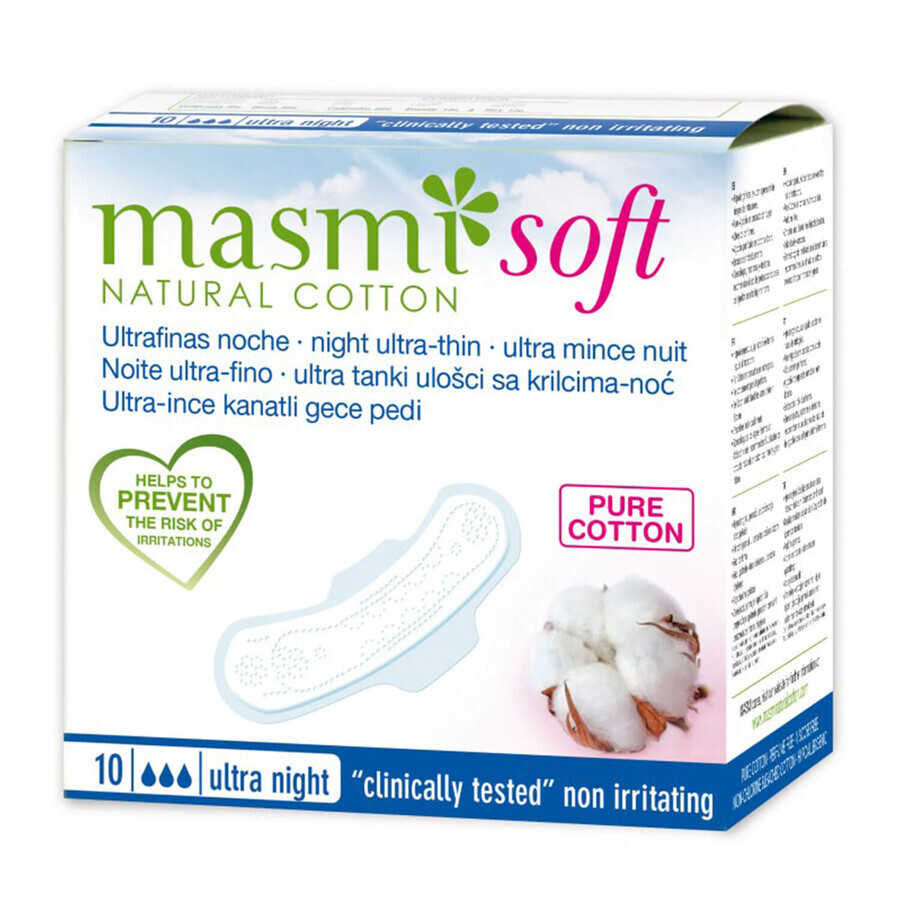 Masmi Soft Ultra Night Ultra Thin Organic Cotton Winged Sanitary Napkins for Night 10 Count