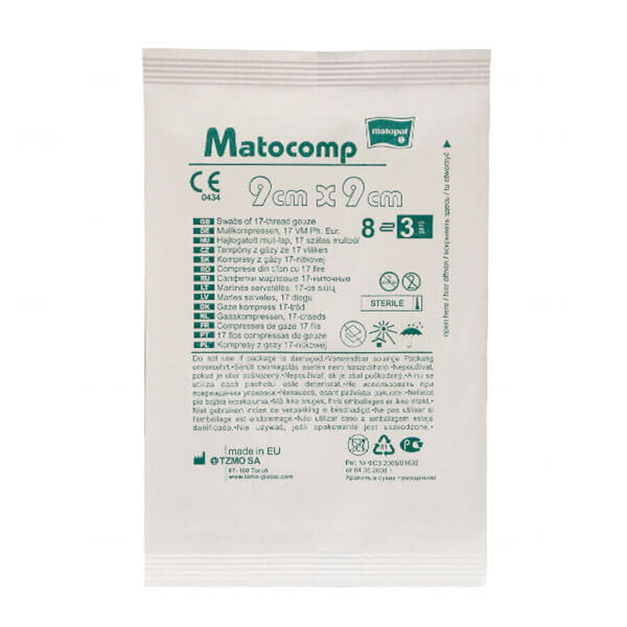 Matopat Matocomp, compresas de gasa estériles, 17 hilos, 8 capas, 9 cm x 9 cm, 3 piezas