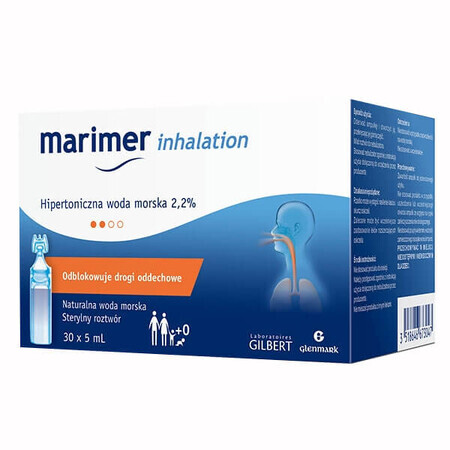 Marimer Inhalación, agua de mar hipertónica 2,2% para nebulización desde el primer día de vida, 5 ml x 30 ampollas