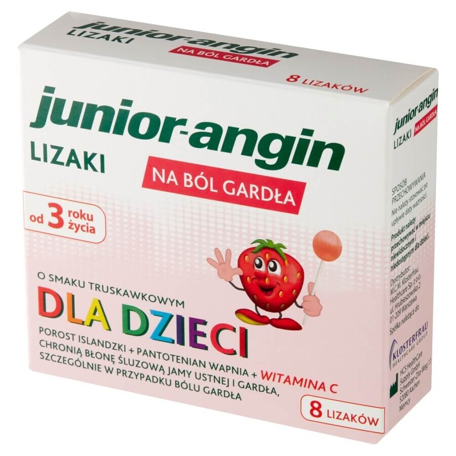 Junior-angin, piruletas para niños a partir de 3 años, sabor fresa, 8 piezas