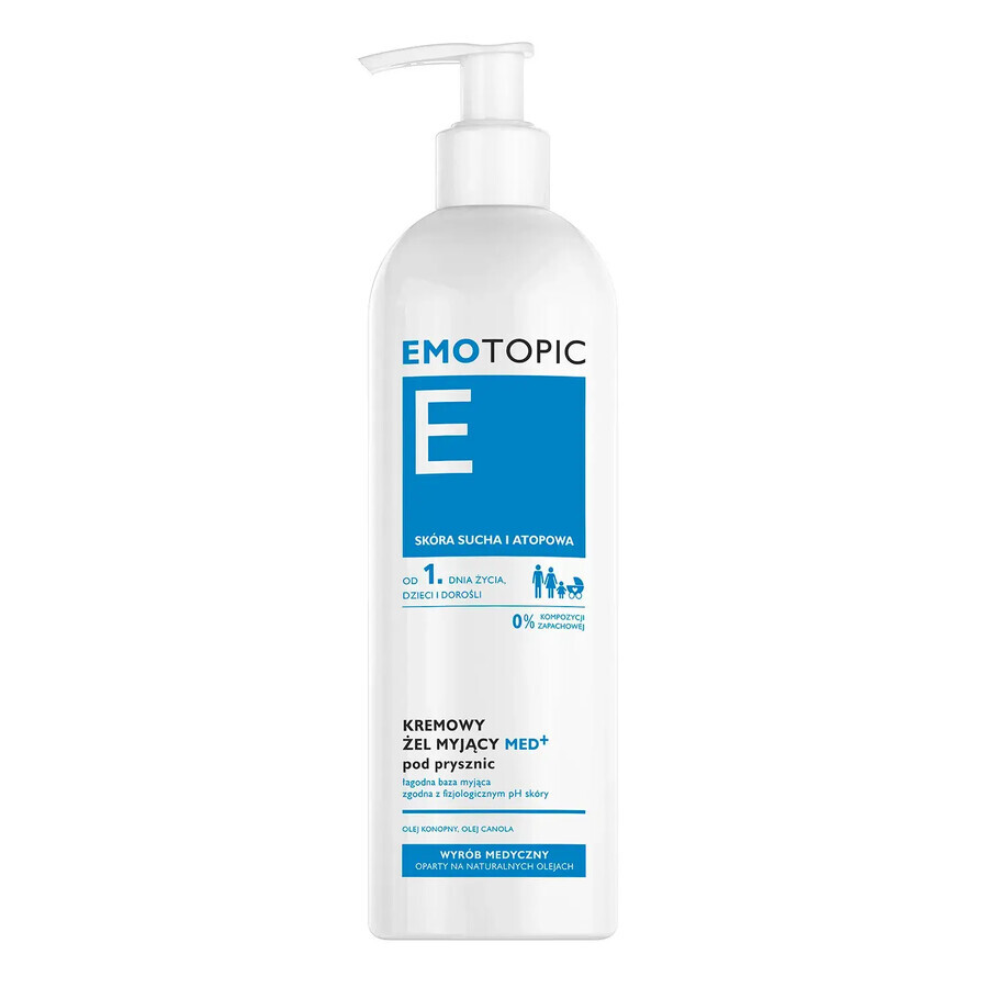 Emotopic E Med+, gel nettoyant crémeux pour la douche, pour adultes et enfants dès le premier jour, peaux sèches et atopiques, 400 ml