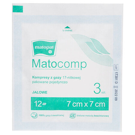 Matopat Matocomp, compresas estériles, 100% algodón, 17 hilos, 12 capas, 7 cm x 7 cm, 3 piezas