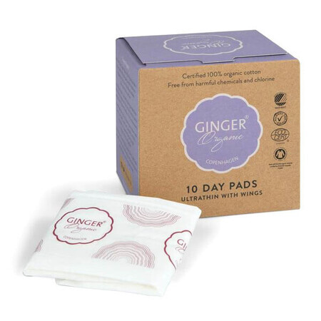 Ginger Organic, toallas de día con alas, 10 uds.