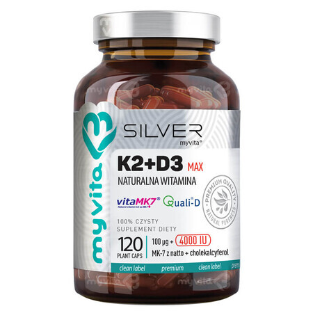 Vitamin K2+D3 Komplex - 120 Kapseln - Nahrungsergänzungsmittel für starke Knochen und Immunsystem - MyVita Silber