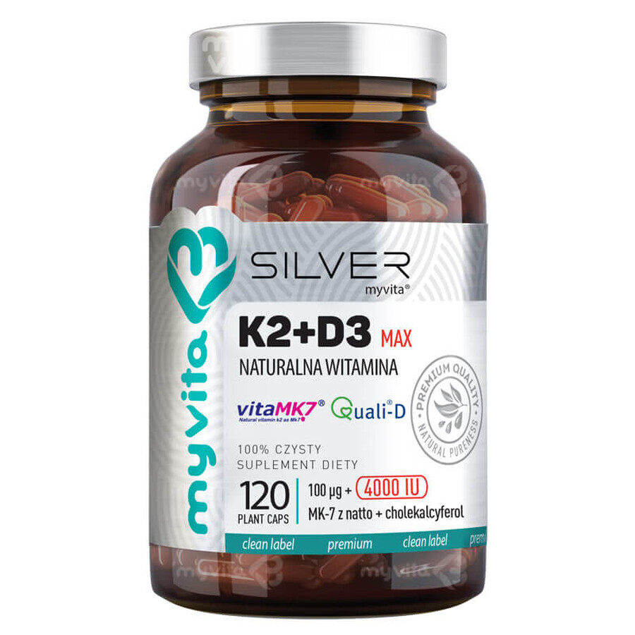 Vitamin K2+D3 Komplex - 120 Kapseln - Nahrungsergänzungsmittel für starke Knochen und Immunsystem - MyVita Silber