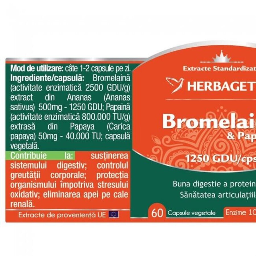 Bromelina y papaína, 60 cápsulas, Herbagetica