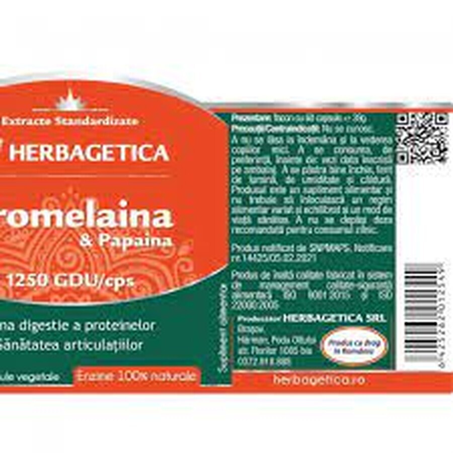 Bromelina y papaína, 60 cápsulas, Herbagetica