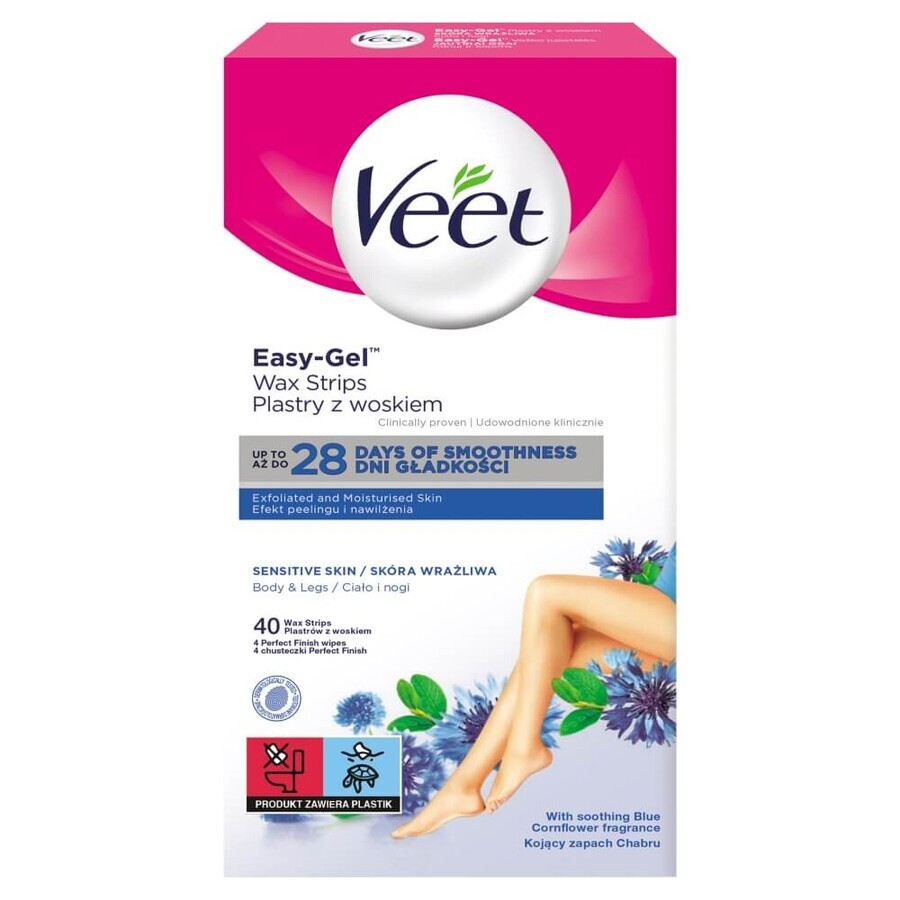 Veet Easy-Gel, parches de cera corporal para depilación, piel sensible, aceite de almendras dulces, 40 unidades