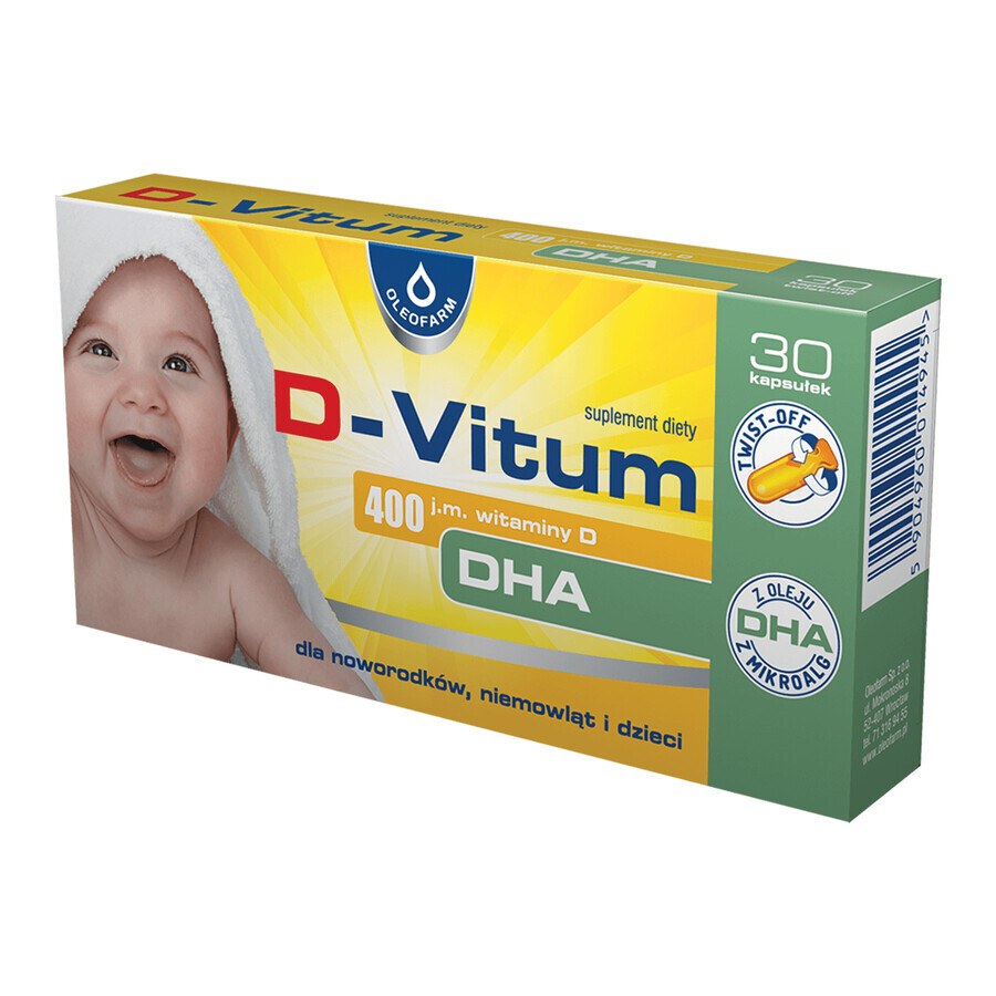 D-Vitum, vitamine D + DHA pour nouveau-nés, nourrissons et enfants 400 UI, 30 gélules détachables