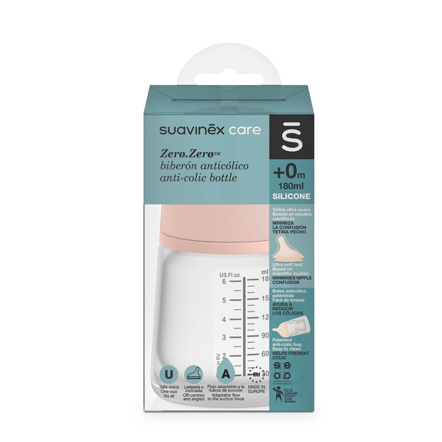 Suavinex, biberón Zero Zero con tetina de silicona SU de flujo adaptable, desde el nacimiento, 180 ml