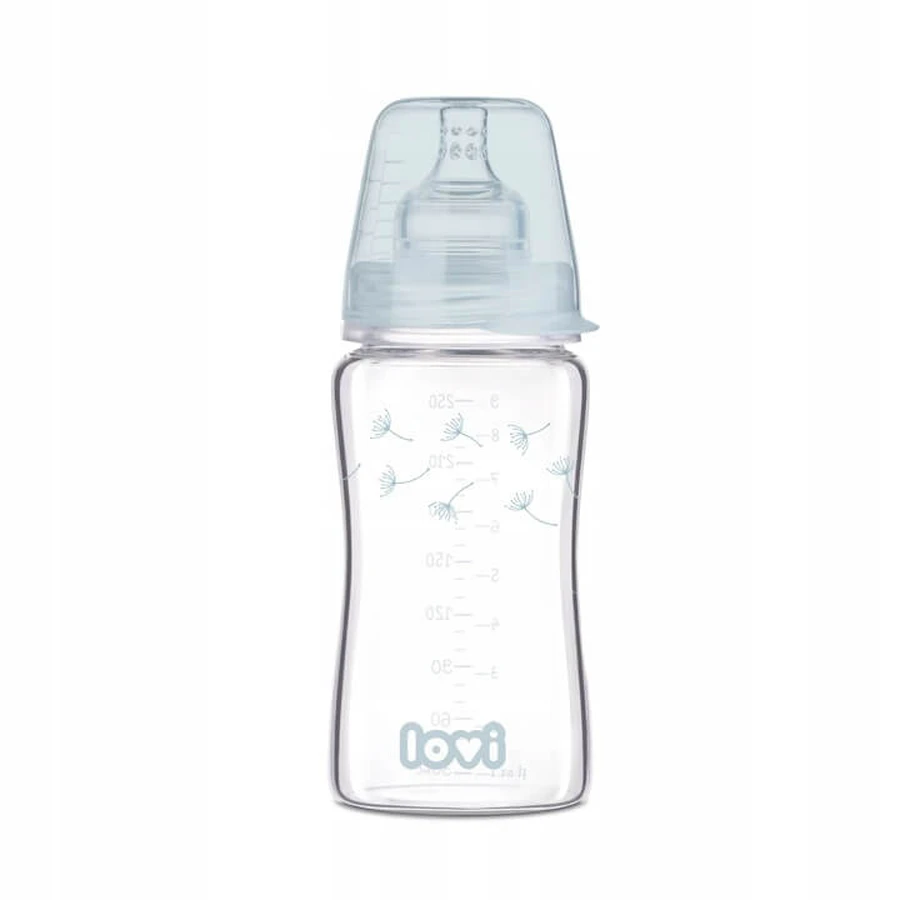 Lovi Diamond Glass, biberón de vidrio, anticólico, con tetina de flujo lento, Botanic, a partir de 3 meses, 250 ml
