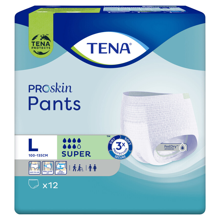 Tena Pants Proskin, calzoncillos absorbentes, talla L, 100-135 cm, Super, 12 unidades