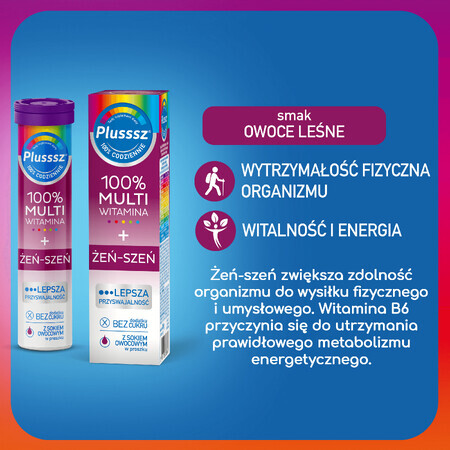 Plusssz 100% Multivitamine + Ginseng, goût fruits des bois, 20 comprimés effervescents