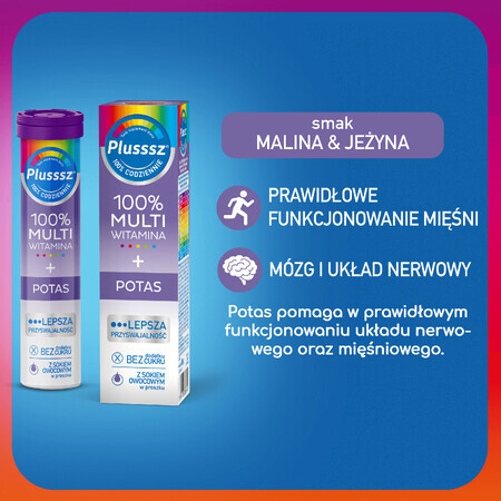 Plusssz 100% Multivitaminas + Potasio, sabor frambuesa-frambuesa, 20 comprimidos efervescentes