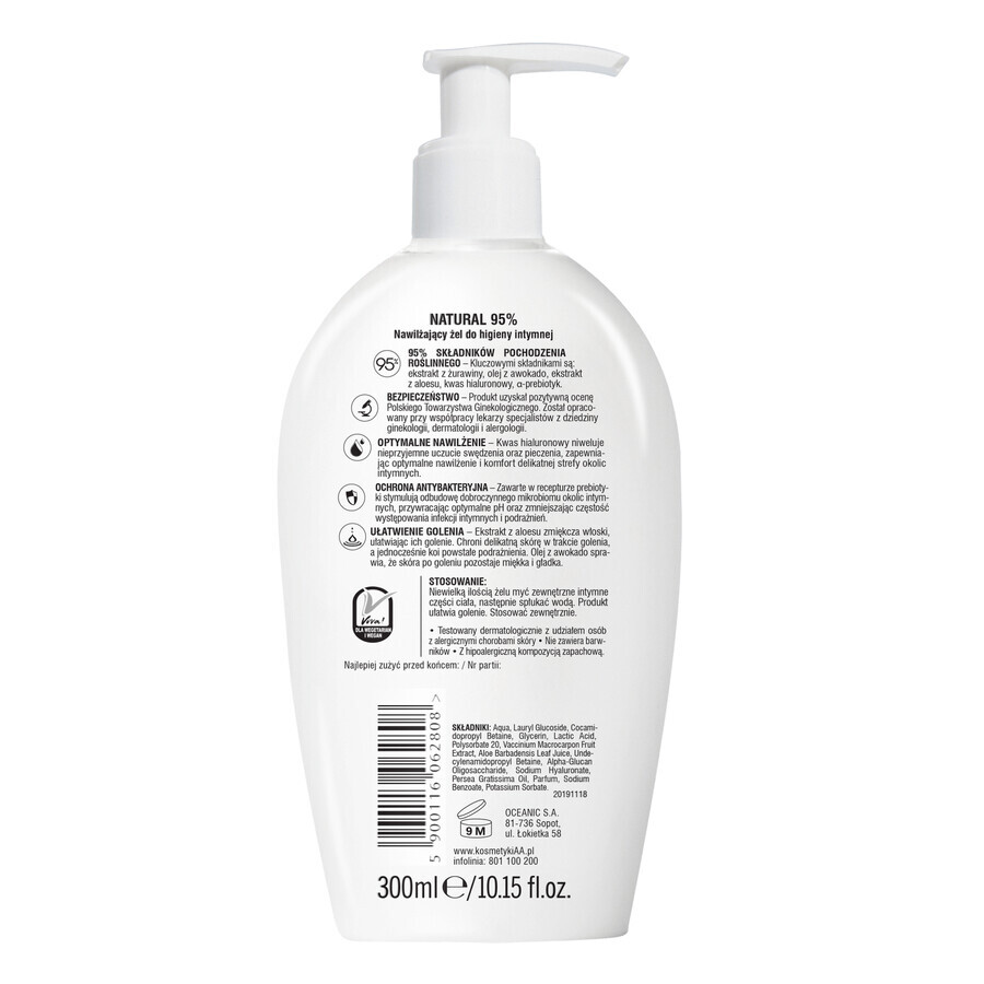 AA Intymna Natural 95%, Protección y Cuidado, gel hidratante para la higiene íntima, 300 ml