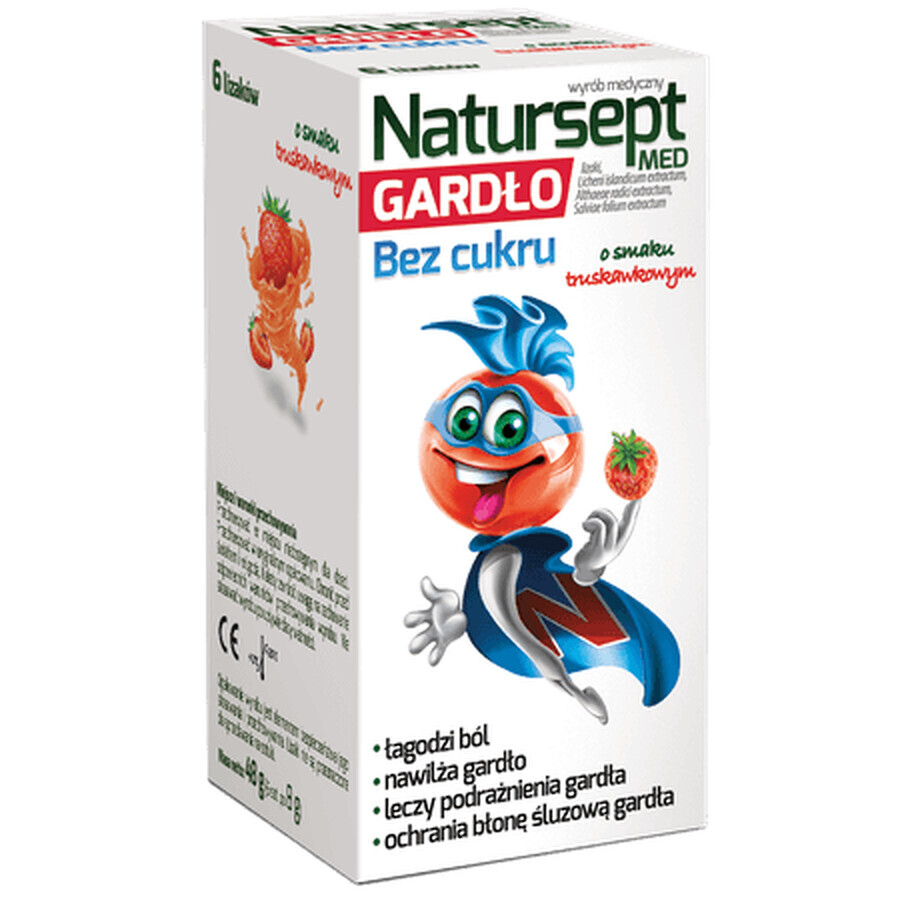 Natursept Med Garganta, piruletas sin azúcar, sabor fresa, mayores de 3 años, 6 unidades